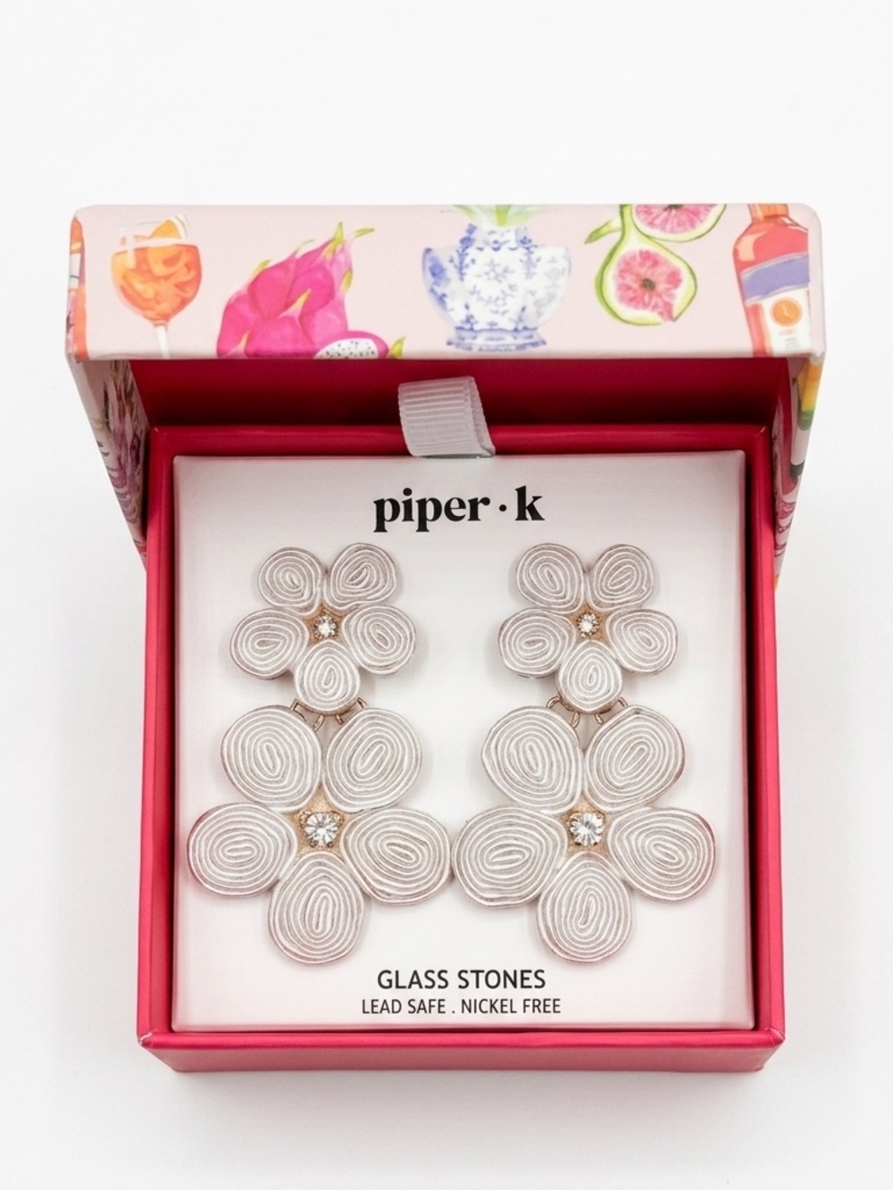 piper·k Ivory Floral Tiered Drop Earrings with Glass Stones